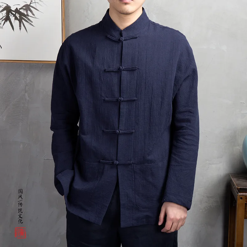 Chinese Tradition Costume Men Big Size Kungfu Tang Clothes Long Sleeve Vintage Button Down Tai Chi Clothing Autumn Spring New