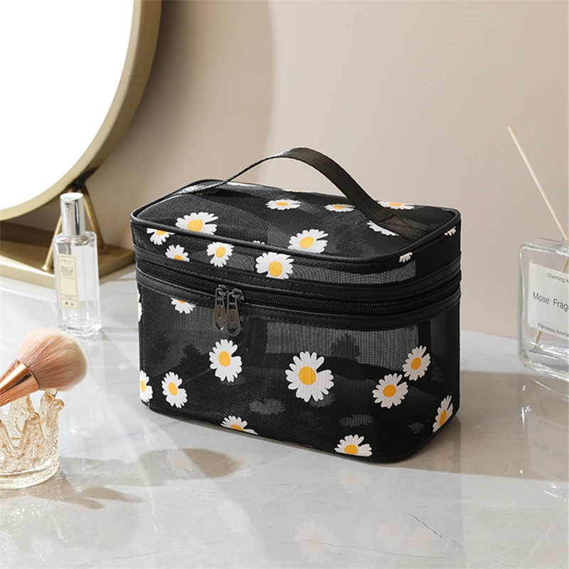 Women\'s Transparent Mesh Cosmetic Makeup Bags Daisy Printing Travel Toiletry Kits Make Up Case Zipper Beauty Brush Organizer