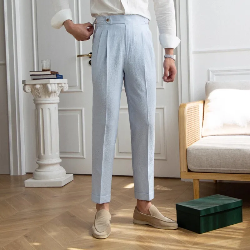 2026 Summer New Thin Men's Naples Slim-fit Blue Striped Dress Pants British Retro Elegant Business Casual High Waist Trousers