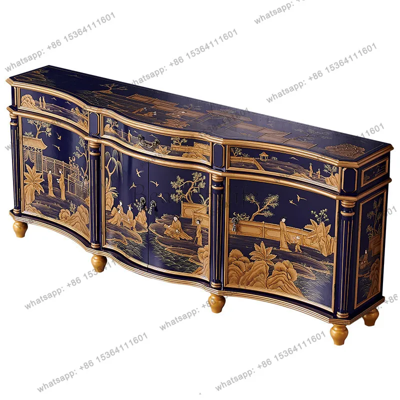 

French Chinese style royal blue solid wood decorative cabinet living room classical storage entrance side storage cabinet
