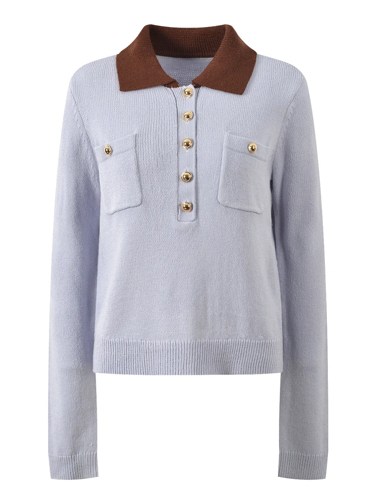 ハイエンドバージョン ヨーロピアンスタイル 秋冬 ニットトップ 長袖 ターンダウンカラー カラーブロック スリムフィット ファッショナブル フレンチスタイル