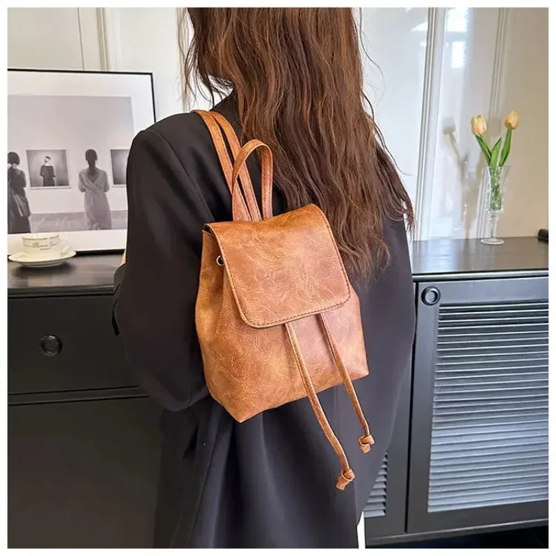 New Artistic Brown Drawstring Mini Backpack Women's Versatile Retro Single Shoulder Bag