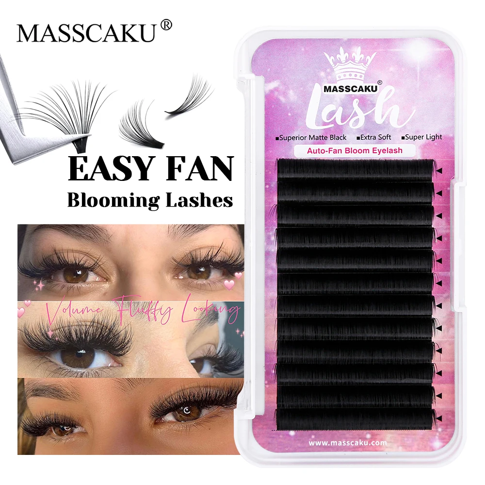 

MASSCAKU Hot Sale Premium Synthetic Mink Easy Fanning Lash Matte Dark Black Natural Looks Self Blooming Lashes for Professional