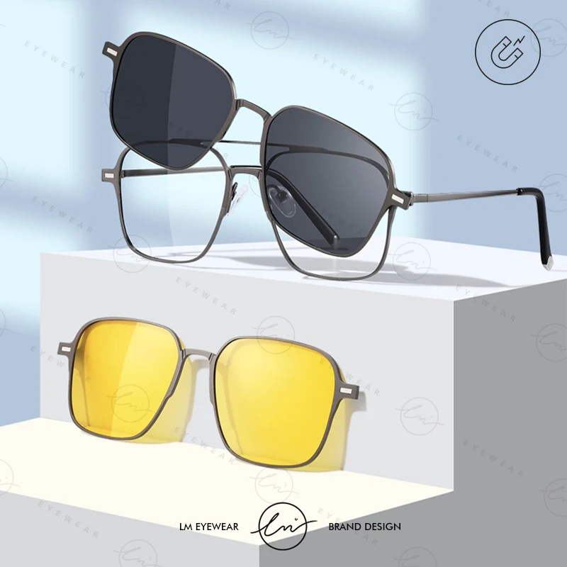 LM Magnet Polarized Sunglasses Clip on Sun Glasses Frame Men Women Fashion Computer Eyeglasses Day Night Anti Blue Light Glasses