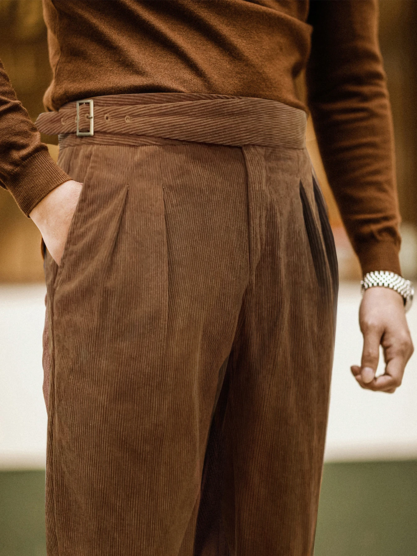 

Men High Waist Pleated Corduroy Trousers Neapolitan Formal Business Pants Button Closure Fit Corduroy Trousers Business Pants