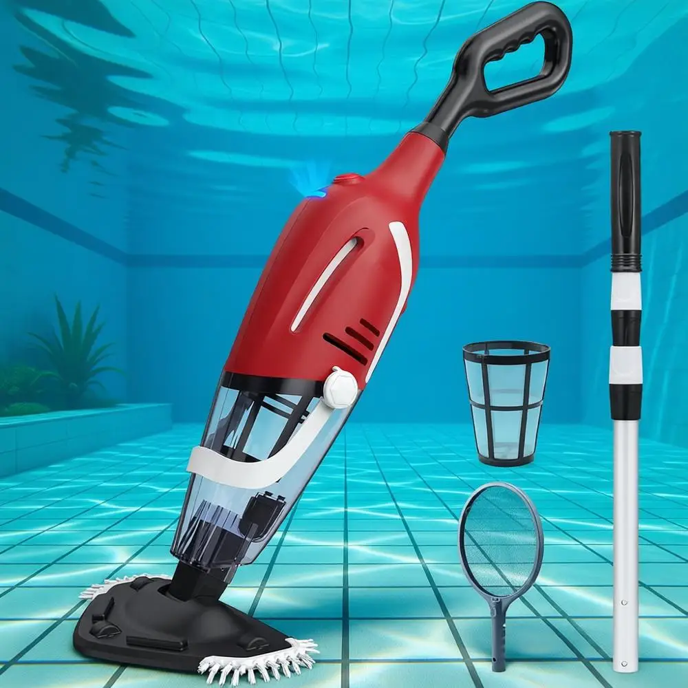 

Усовершенствованный пылесос для бассейнов с удлинителем, мощность всасывания 18,5 галлонов/мин, время работы 80 минут, очищает мусор под водой (красный)