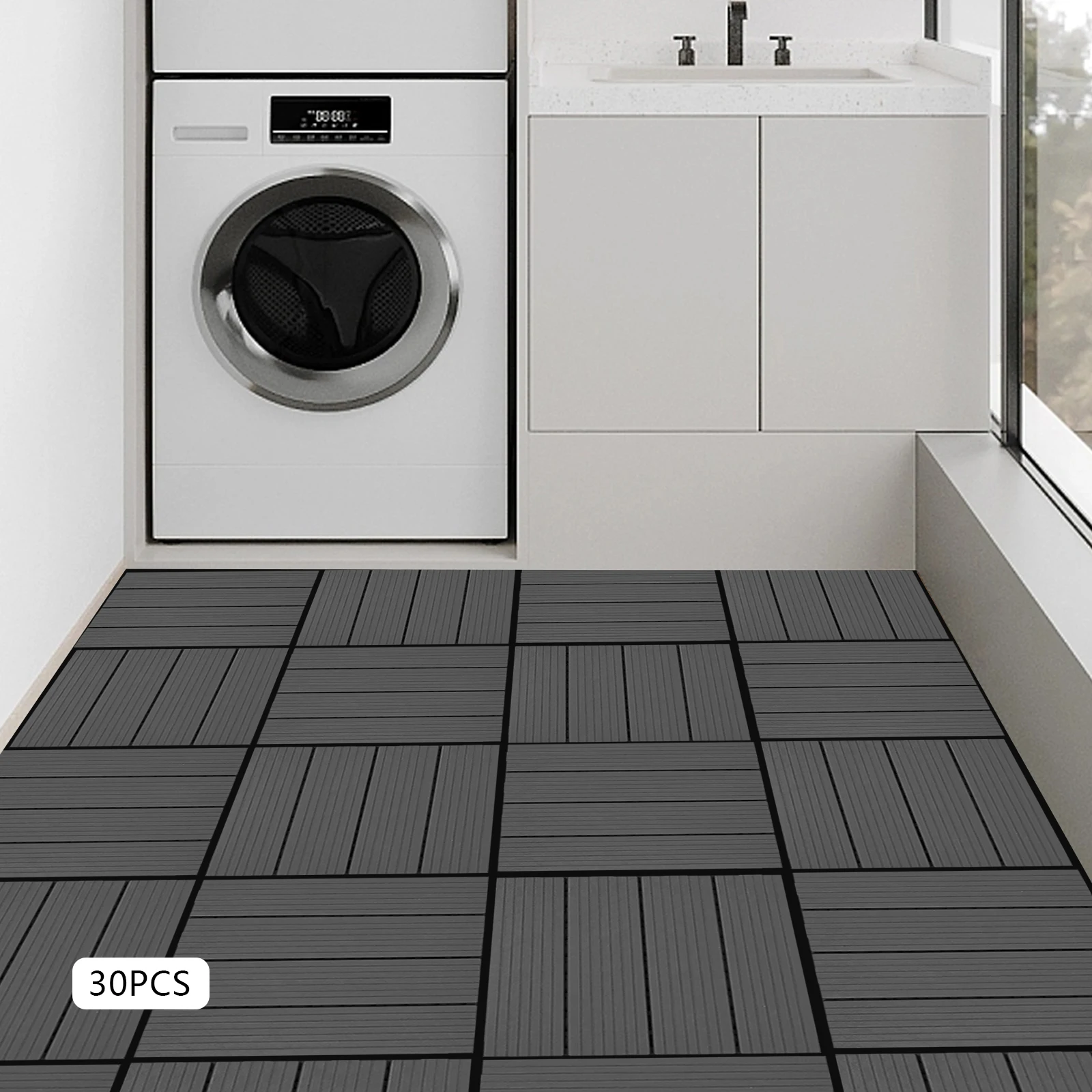 30 pcs PVC Deck Tiles, Outdoor Water-repellent Flooring Tiles, Floors Tiles for Balcony/Backyard 286.6 lbs load (Blackish-grey)