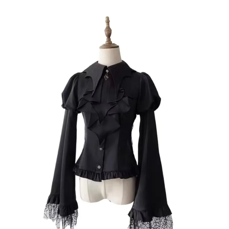 Gothic Lolita Lace Blouse Shirt Bat Lapel Collar Women Frill Cobweb Sleeves Ruffle Tops Cravat Jabot Tie Halloween Devil Costume