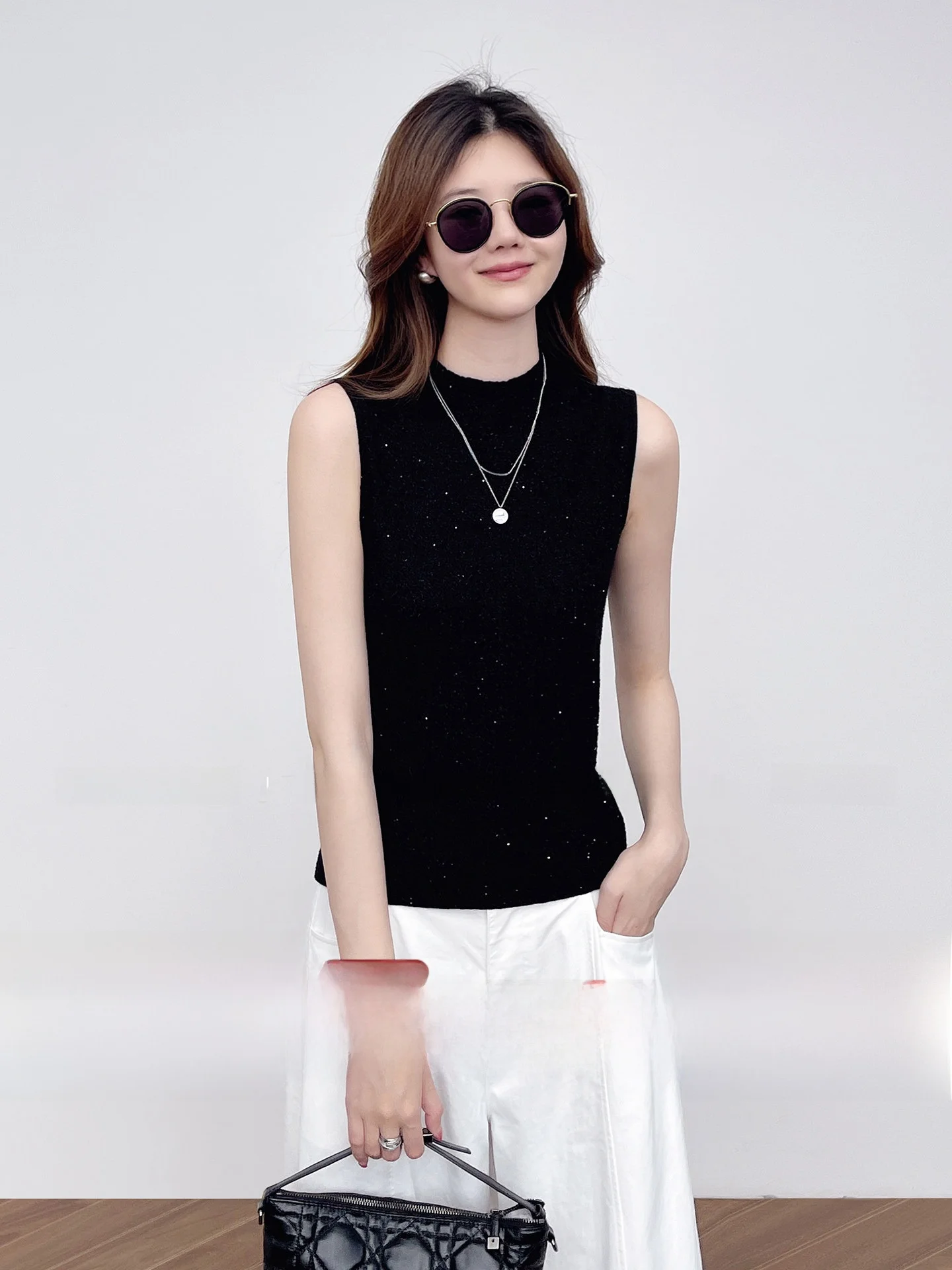 

Elegant Commute Knitted Vest Half High Collar Sparkling Texture High Elasticity Early Spring New Style Women's Slim Fit Vest