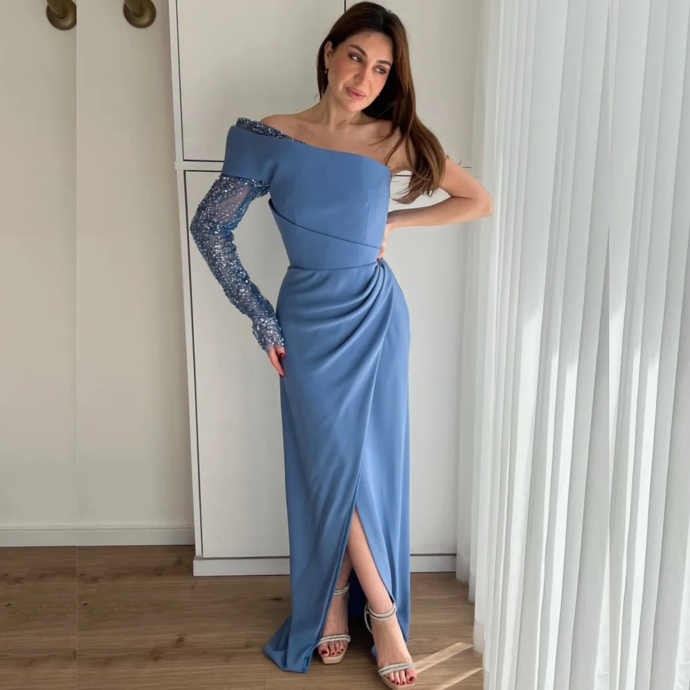 

Customized High Quality Jersey Sequined Pleat A-line Off-the-shoulder Long Dresses Bespoke Occasion Sparkle