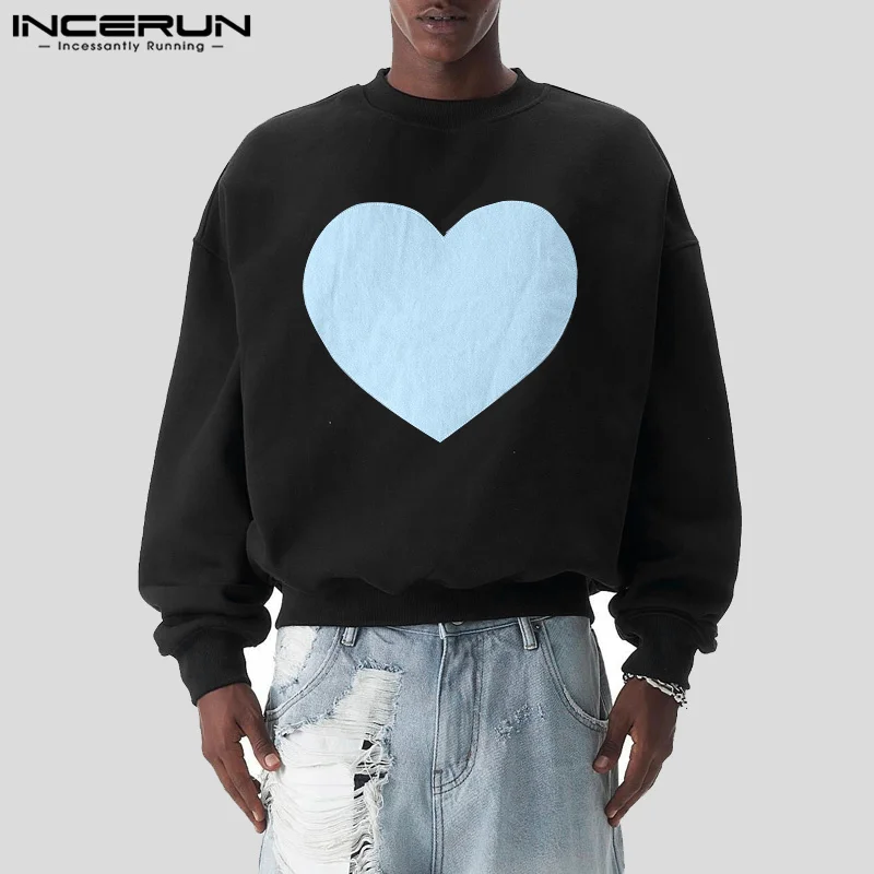 Fashion Casual Style Tops INCERUN Men Funny Love Print Pattern Pullover Streetwear Male All-match Long Sleeved Sweatshirts 2024