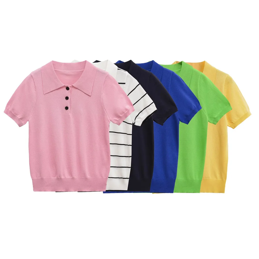 

BMURHMZA women's new versatile short sleeved knitted polo shirt collar button decoration solid color slim fit casual top