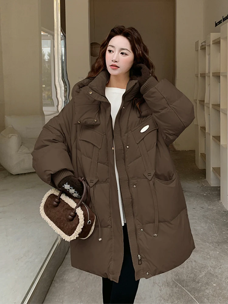 한국 슬레 티엔드 브레드 다운 자에트 여성용 중간 길이 따뜻한 겨울 외투 2025년 신상 디자인 스위트 슬레 루즈핏