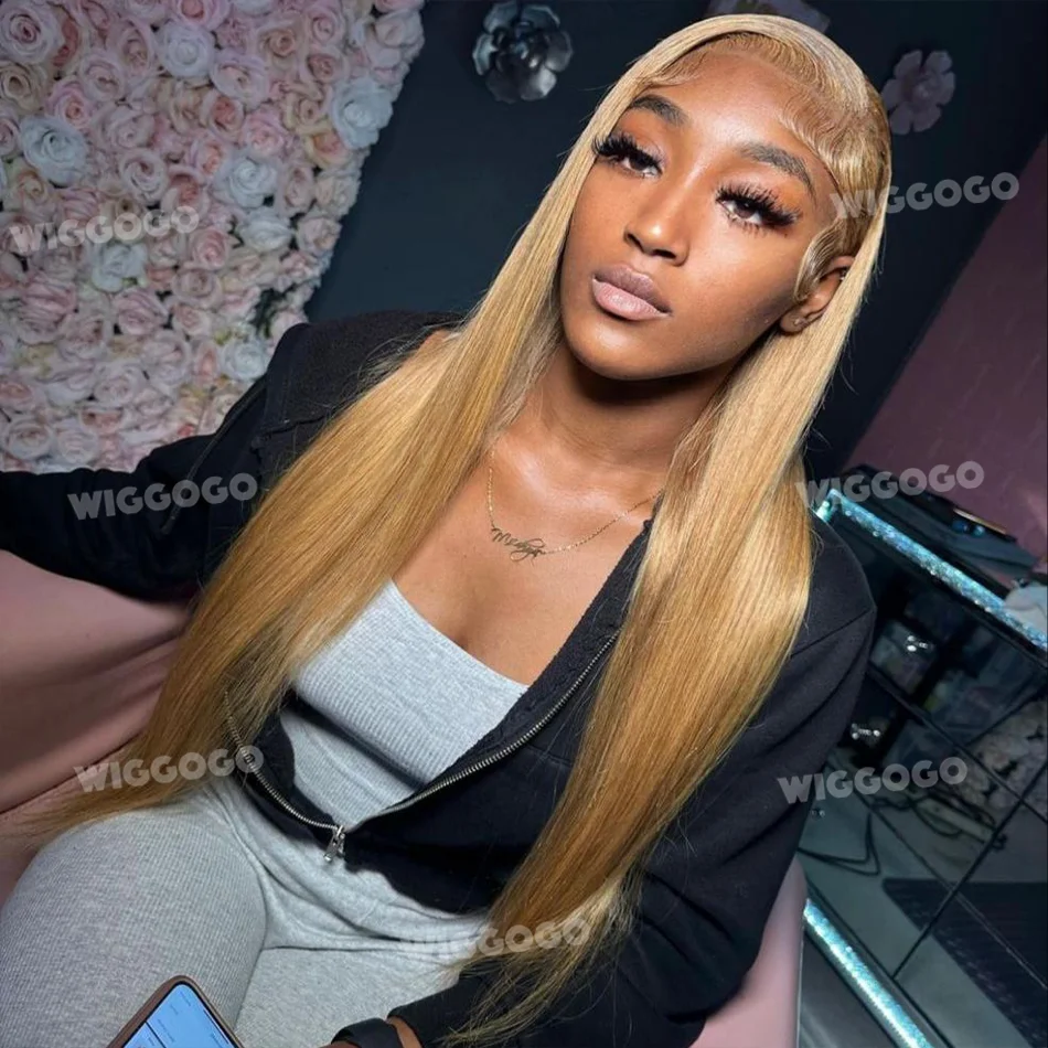 

Straight #27 Honey Blonde Human Hair Wig 13X6 Lace Frontal Preplucked Wig 30 36 Inch Lace Front Colored Wigs Brazilian For Women