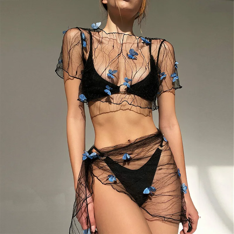 Women's Bikini Cover-up Set Mesh Sheer Three-dimensional Butterfly Decoration Short Sleeve Crop Tops Tie-up Sarong Wrap Skirt