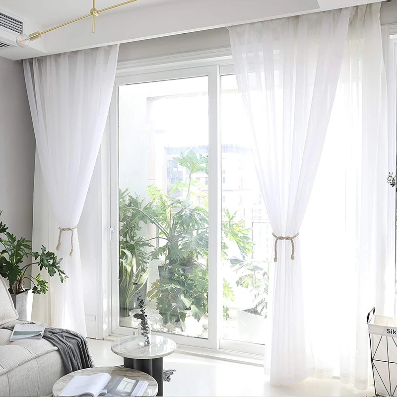 2pcs Home Decor Window Screening Solid Sheer Voile Curtains Modern Window Tulle White Finished Drapery Living Room Decoration