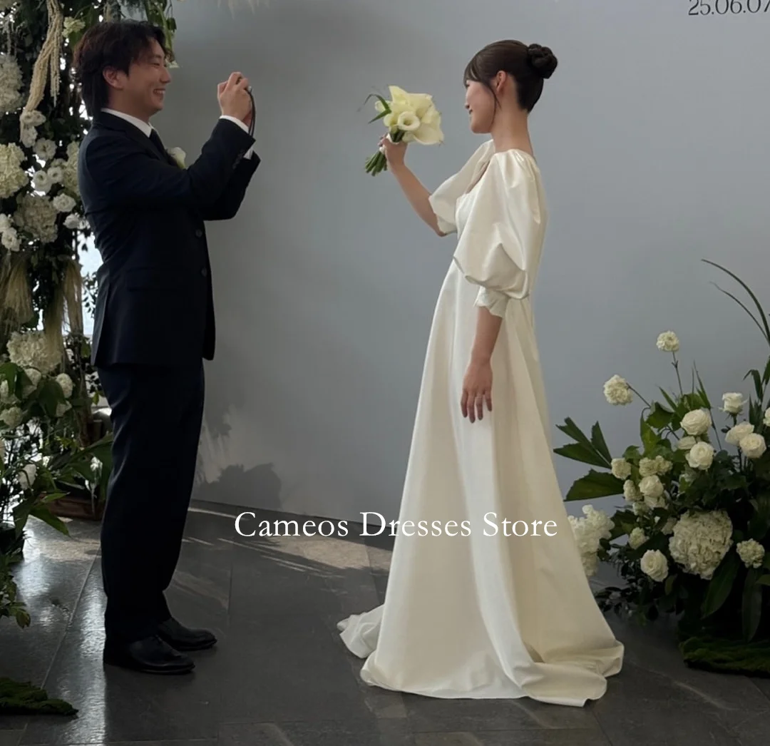 SONDR Customized Sweetheart Satin Puff Sleeves Ivory Wedding Dresses Ruched Simple Korea Brides Gowns Women Bridal Dresses