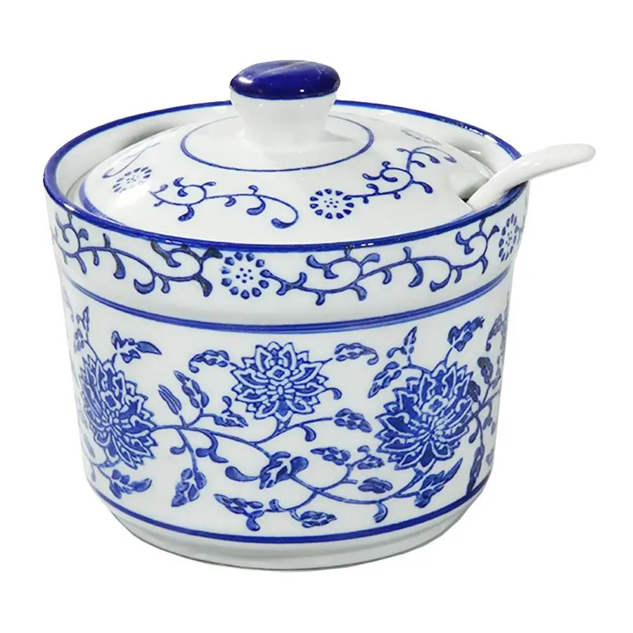 

Ceramic Sugar Bowl Flower Relief Seasoning Jar Spice Jar with Lid and Spoon