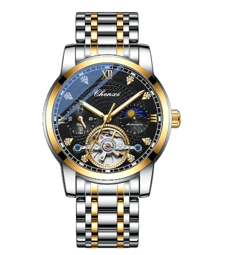 Fashion Business Watch Hollow Flywheel Sun Moon Stars Waterproof Steel Strip Luminous Automatic Machine Mechanical Watch for Men