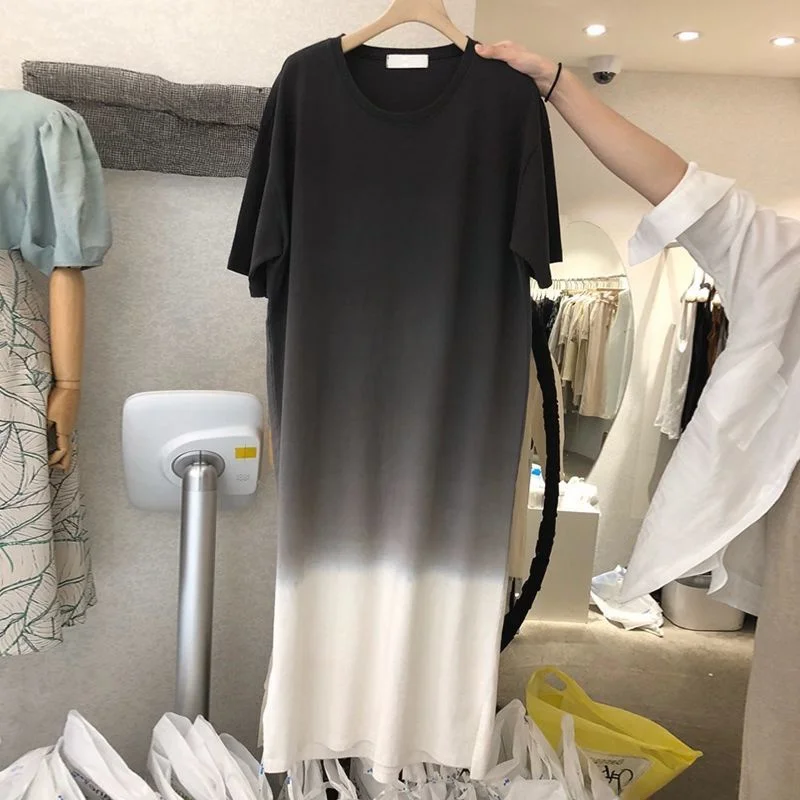 

plus Size 300 Pou Summer ort Sve Women's T-irt Dr Knee-Length Casual adient Color Design Korean Sle round Ne