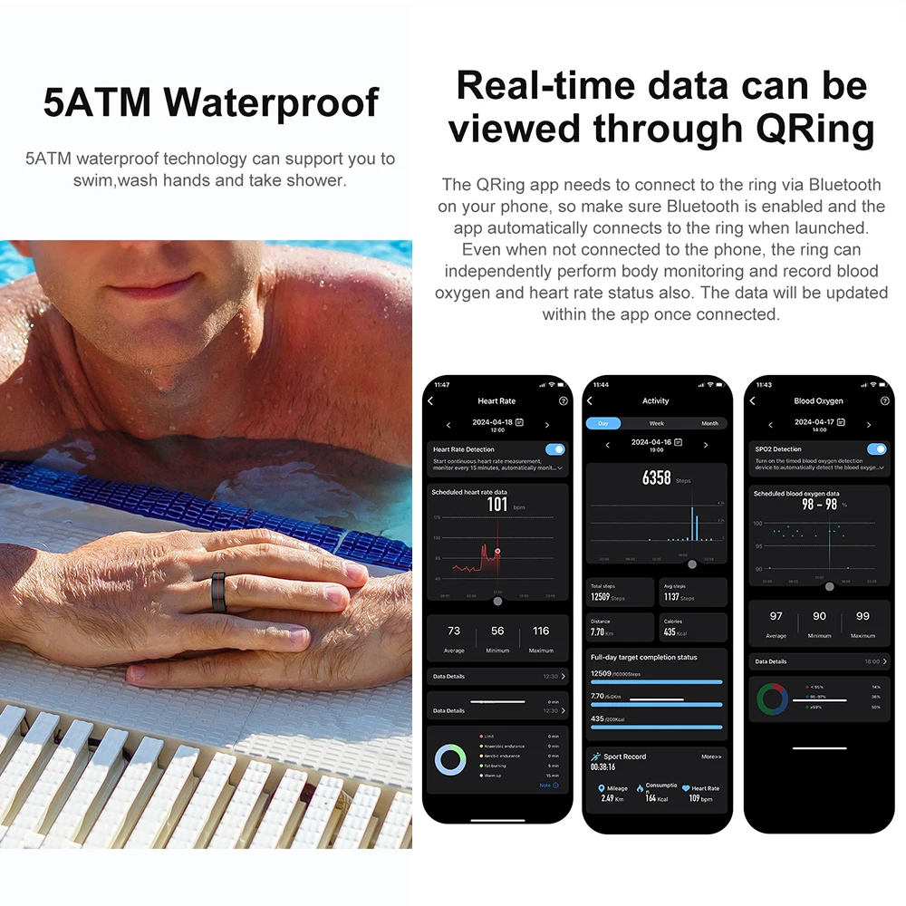 R04 Smart Ring 5ATM Anello da dito intelligente impermeabile in acciaio inossidabile Frequenza cardiaca Ossigeno nel sangue Monitor del sonno Tracker di attività