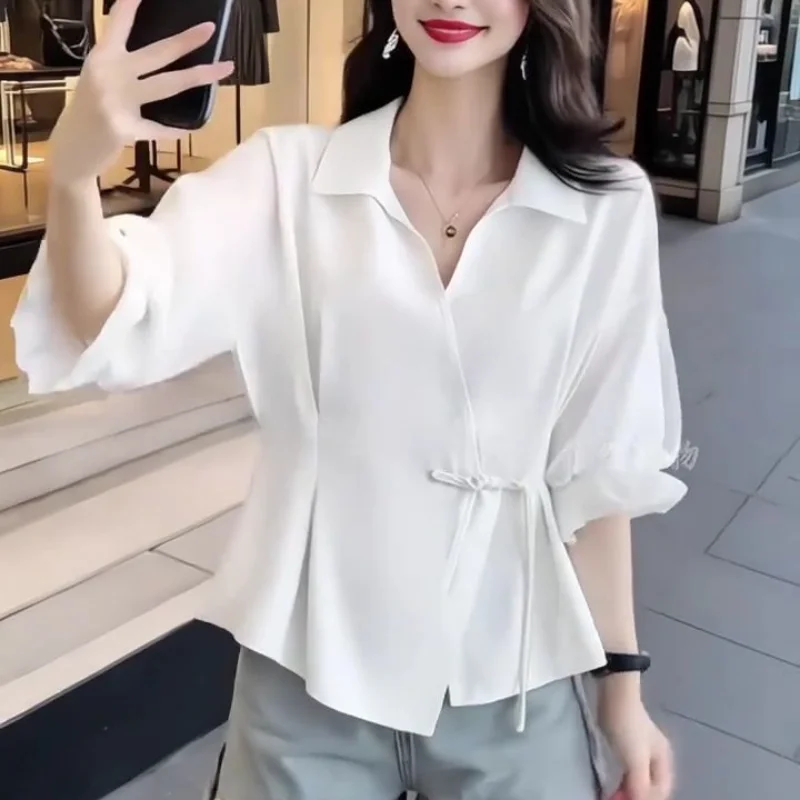 

Mesh Splicing POLO Collar Design Five-point Sleeve T-shirt for Women Summer Irregular Waist-hugging Hem Fashionable