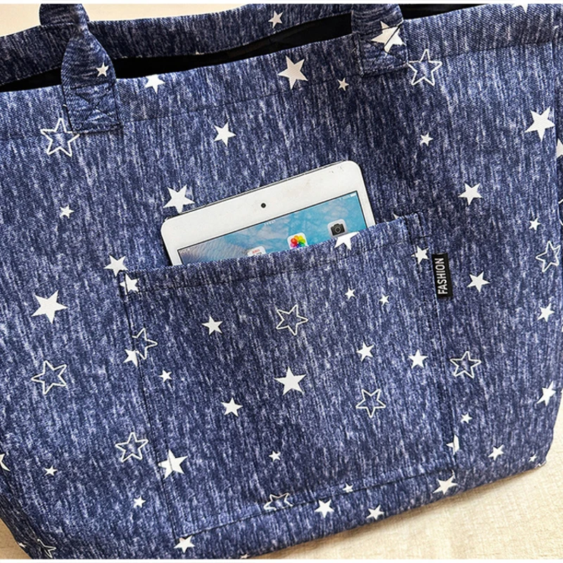 Koreanische Tragetasche mit Sterndruck, Damen-Shopper-Schultertasche, geräumige Handtasche für den täglichen Gebrauch, einfarbig, vielseitig, minimalistisch – Detail 2