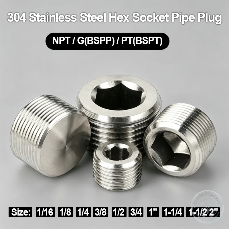 304 Stainless Steel Hex Socket Pipe Plug NPT BSPT BSPP Male Thread Countersunk Oil Plug Hydraulic Pneumatic Fitting 1/16‑2 Inch