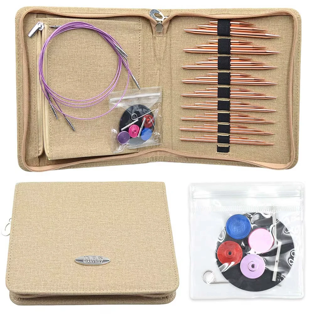 9 Pairs 27Pcs Aluminu Interchangeable Knitting Needles Set Gold Circular Sewing Needle Set with 4Pcs Cable 3mm to 6 mm DIY Kit