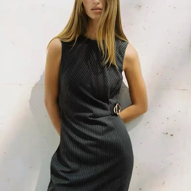 Jesień Zima Nowości Damskie Sukienki Midi w Paski Svel ZR Sle Faion Streetwear Poliester Okrągły Dekolt Guzik...