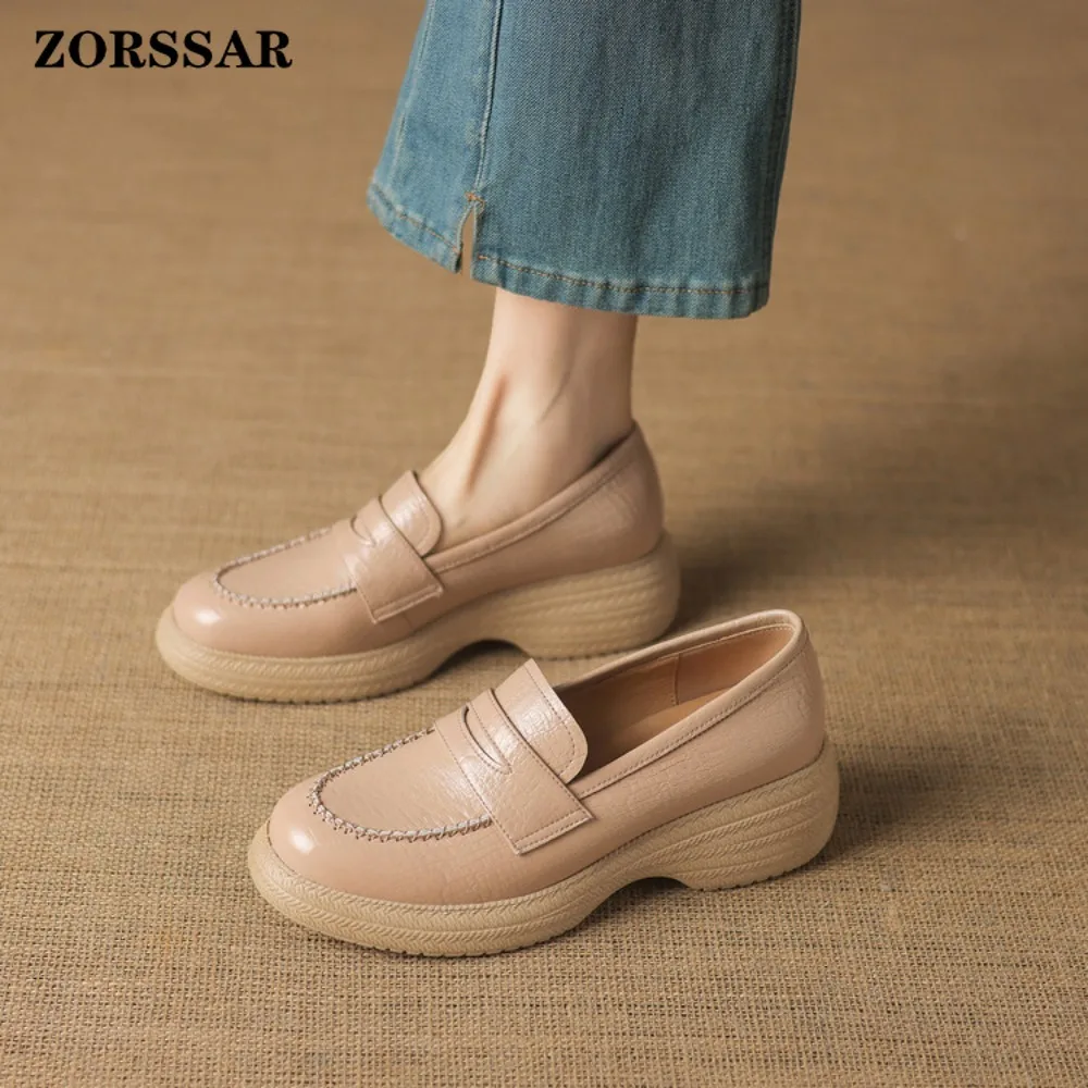 

Women's Solid Color Platform Penny Loafers Genuine Leather Slip on Comfortable Casual Office Daily Walking Ladies Beige Shoes