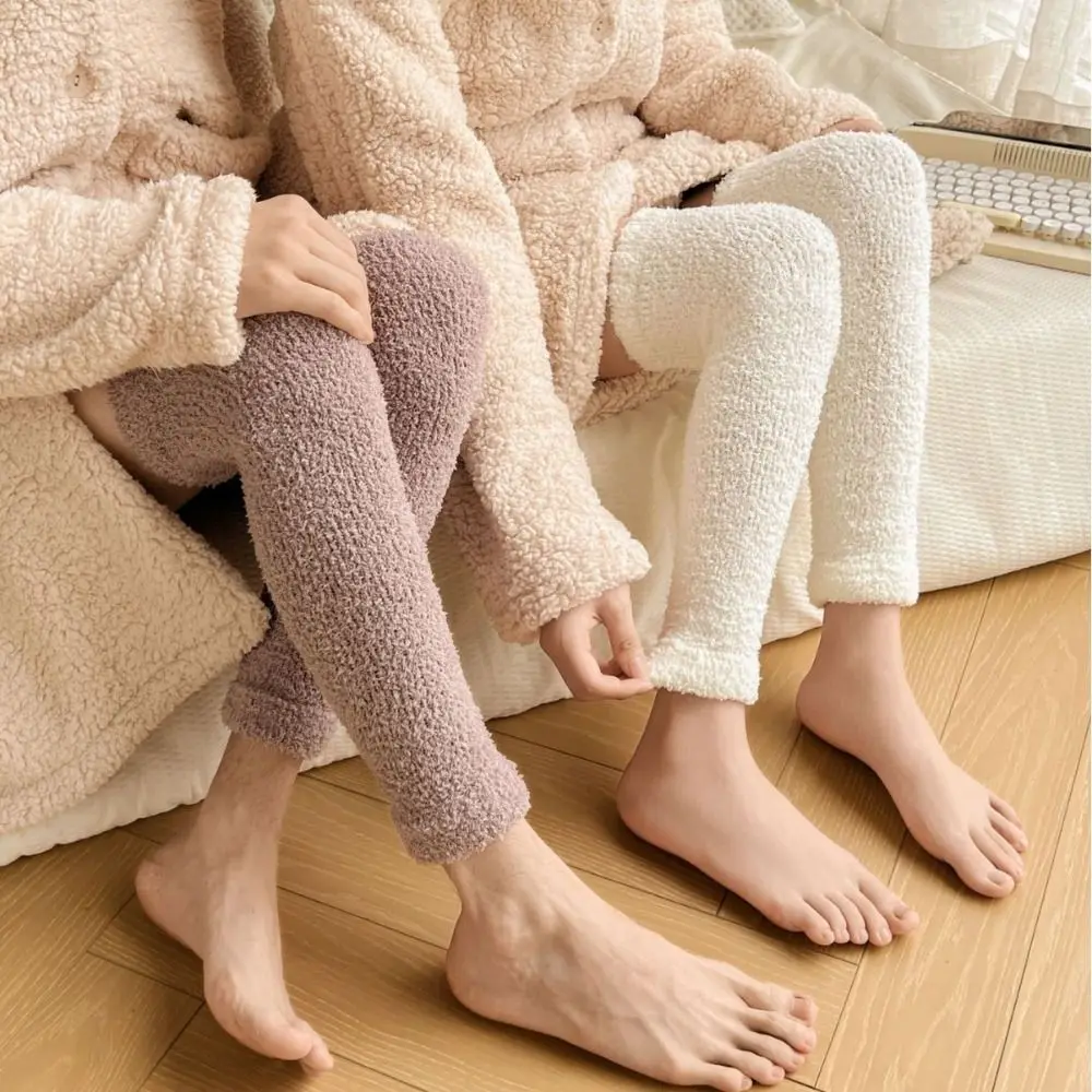 

Cute Thicken Warm Long Tube Sock Cover Simple Stripe Floor Plush Stockings Hosiery Leg Warmers Coral Fleece Stockings Autumn