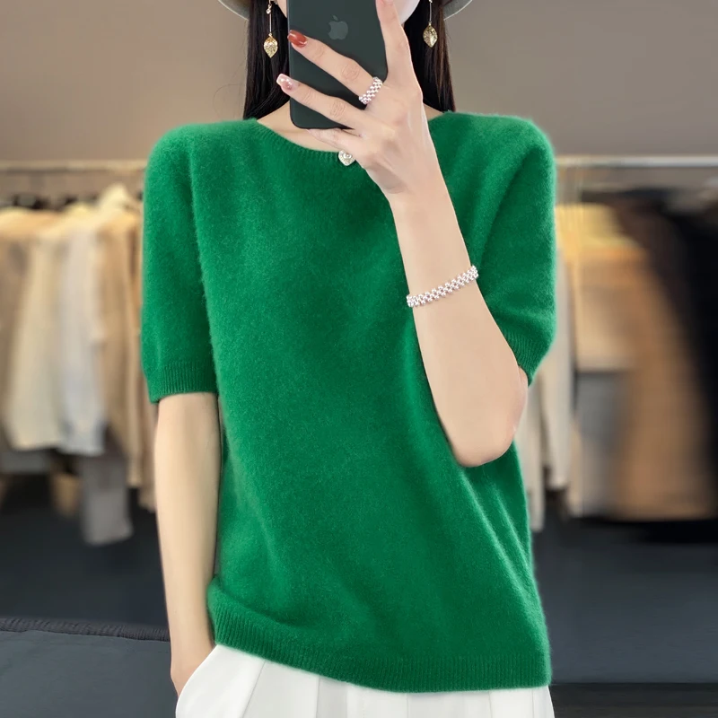 Fashion short half sleeve cashmere women\'s sweater 100% pure merino wool round neck pullover T-shirt