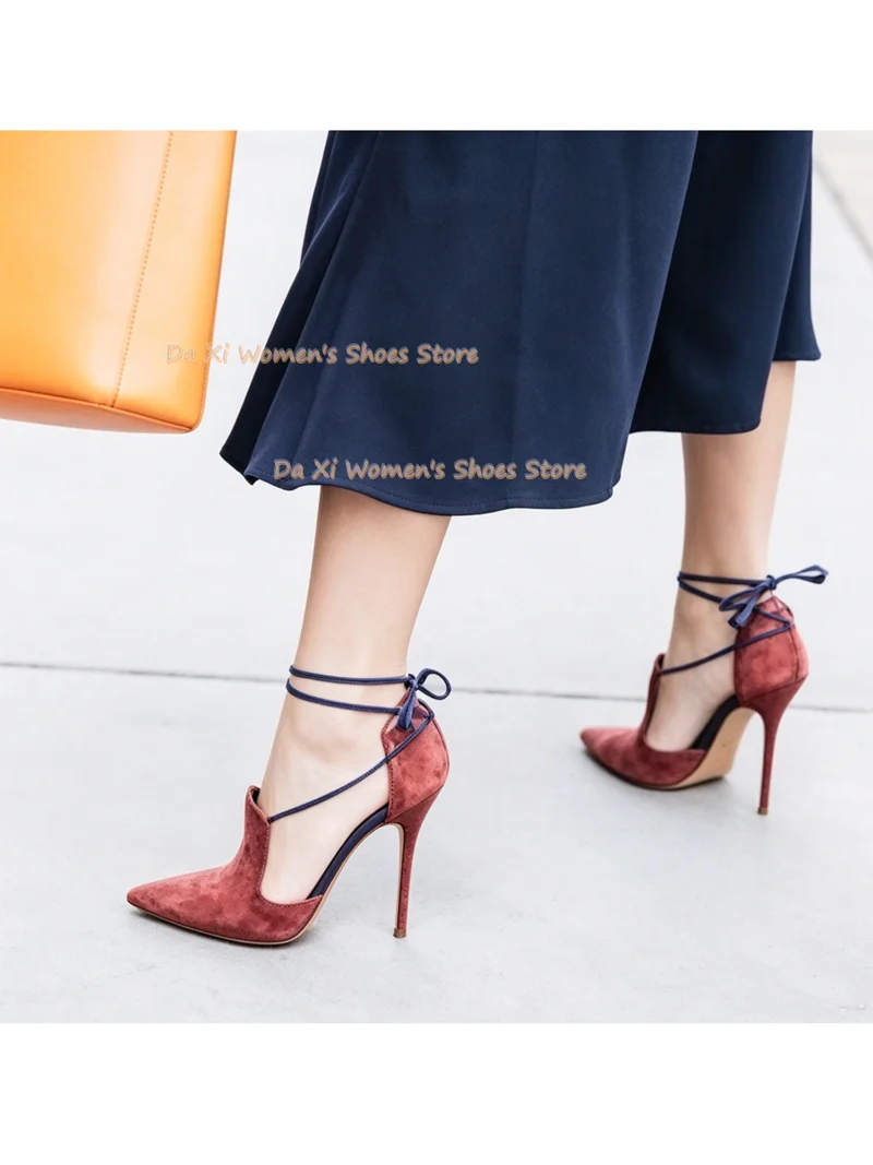 Blue And Red Color Blocking Pointed High Heel Pointed Stilettos Ankle Lace Dinner Shoe Shallow Manual Luxurious Women's Shoes view 6