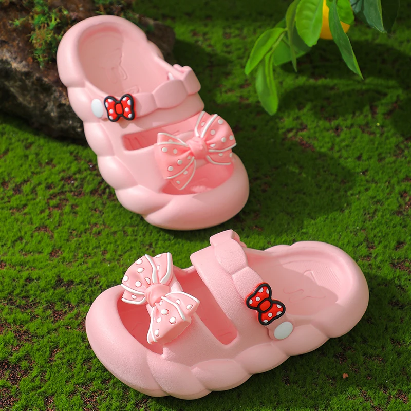 Summer Bow Baby Slippers For Children Cold Slippers Indoor Non-Slip Soft Bottom Comfort Cute Baby Hole Shoes Girls Home Slides