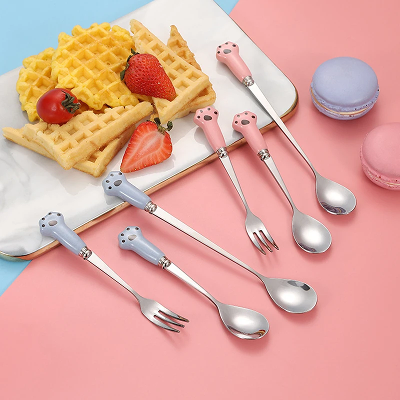 Cute Cartoon Cat Paw Fruit Fork Food Grade Stainless Steel Edges Mirror Polished Portable Tableware Fork For Adults Kids School