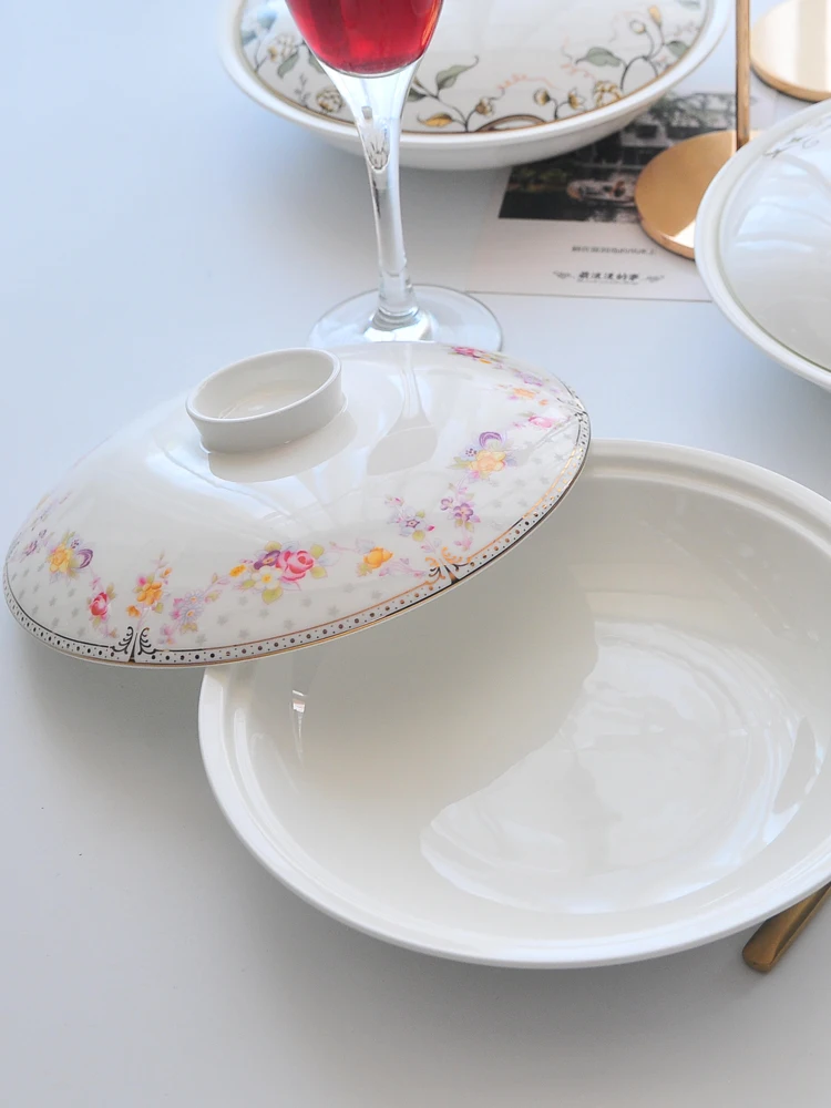 Bone China Deep Rice Plate Soup Plate With Lid Vegetable Deep Plate Tablewera