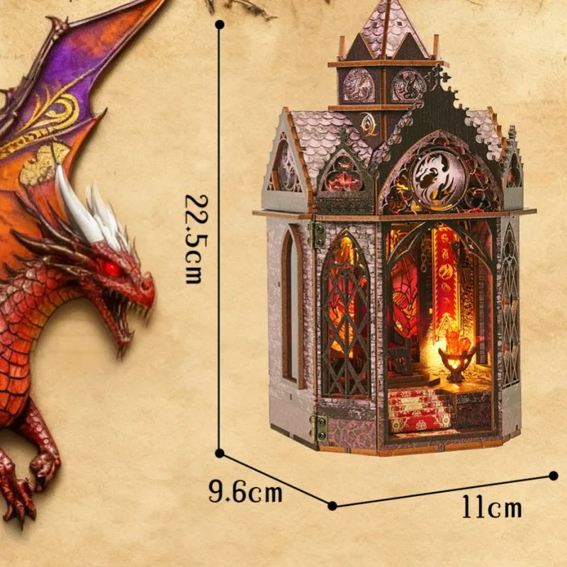 OUZEY ゴシック建築ブックヌック、ドラゴン尖塔DIY木製模型キット、LEDライト付き中世風本棚デコレーション