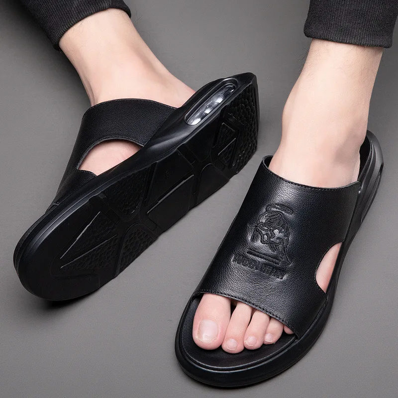 2024 Summer Shoes for Men Genuine Leather Slipper Embroider Casual Sandals Comfortable Slides Air Cushion Beach Shoes