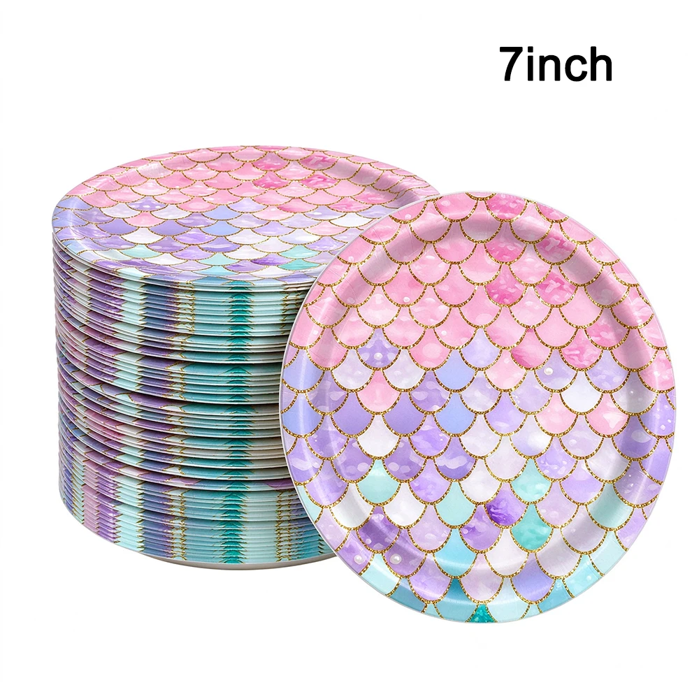 10-100pcs Mermaid Disposable Tableware Pink Mermaid Scale 7/9inch Paper Plates Paper Cups Birthday Under The Sea Party Decor