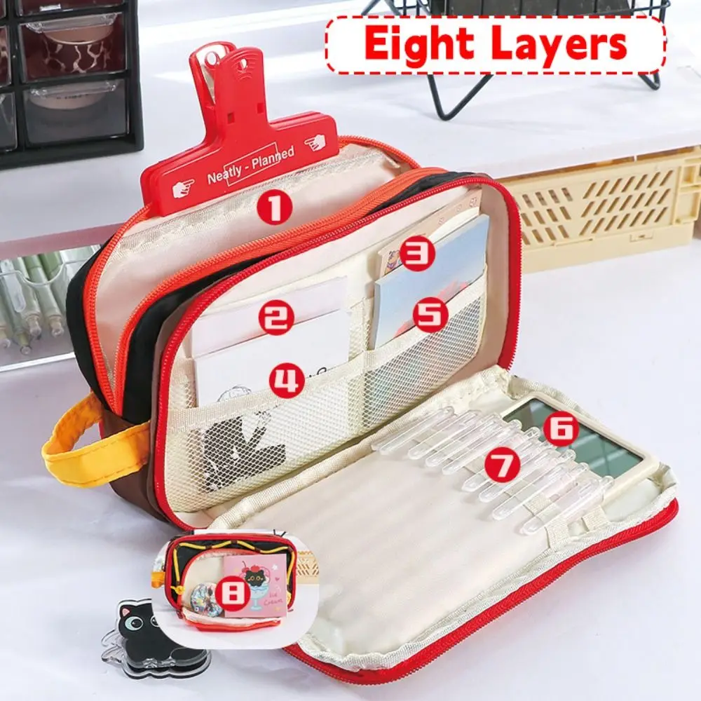 Portable Contrast Color Pen Bag Eight Layers Large Capacity Pencil Case Drawstring Design Stationery Organizer Back To School