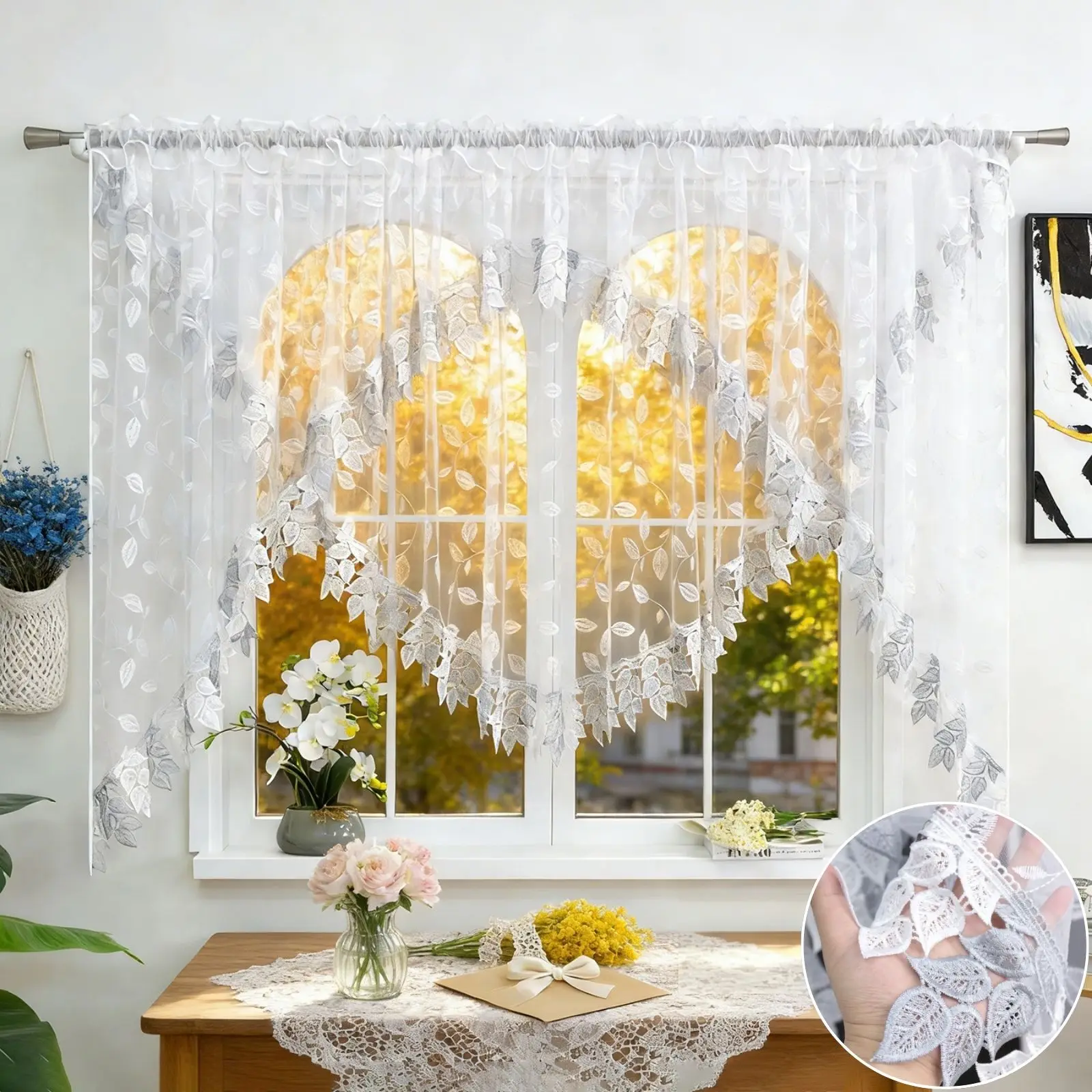 1 Stück Blattbestickter Bogen-Spitzenvorhang, atmungsaktiv und lichtfilternd für Küche und Wohnzimmer, schönes Einweihungsgeschenk