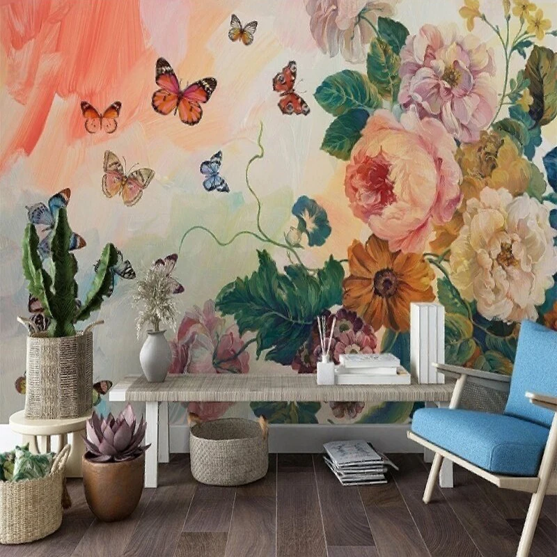 European And American Vintage Hand-Painted Floral Rose Butterfly Watercolor Oil Painting Mural Countryside Style Background Wall