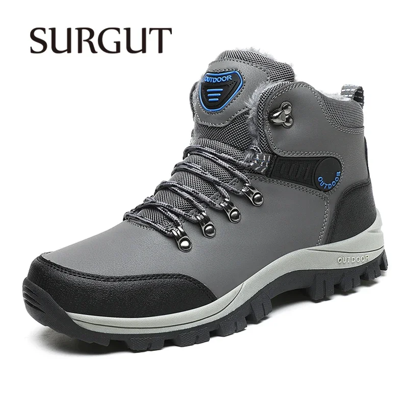 SURGUT Men's Ankle Boots Fashion Leather Breathable Anti-Skid Comfortable Winter Plush Warm Snow Boots For Men Size 39-46