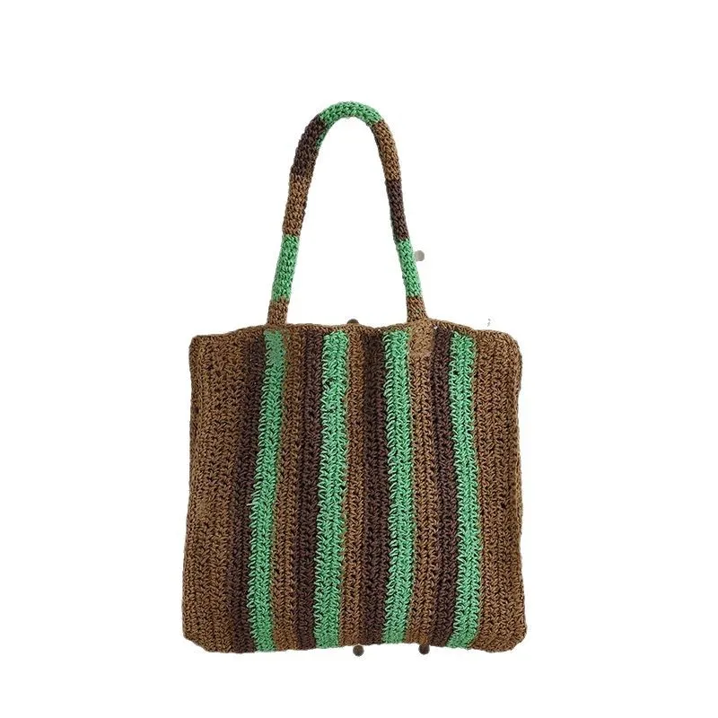 2025 nuevo bolso de paja bloqueado de Color para mujer, bolso de hombro de mano, bolso de playa tejido a mano, bolso de mano de gran capacidad