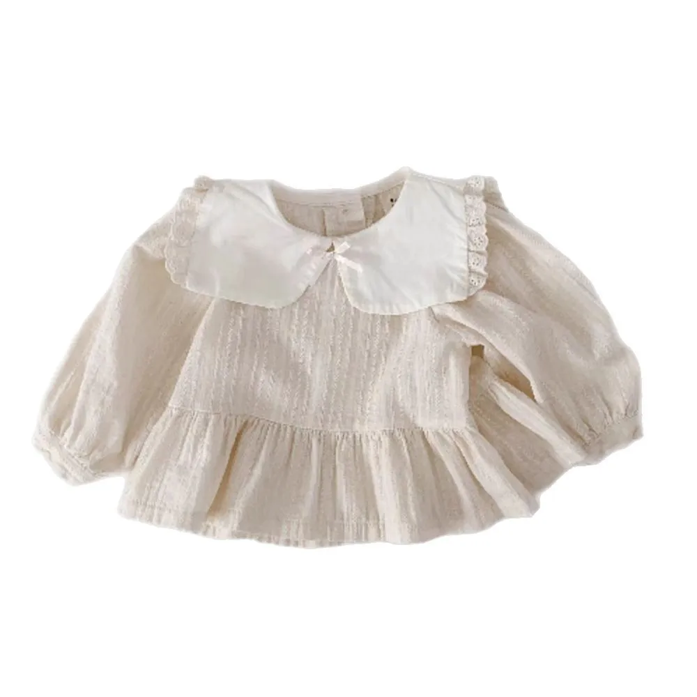 2025 otoño nuevas camisetas de manga larga con solapa para niñas, camisas lisas de encaje con bonito lazo, camisetas holgadas de algodón para bebés, ropa para niños pequeños