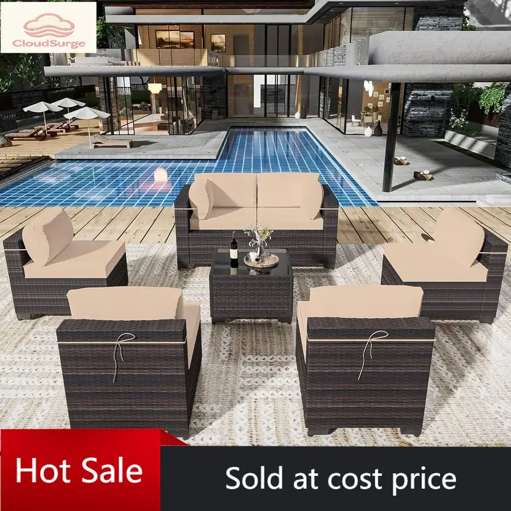 

Акция: ограниченное предложение по цене! 7-предметный всепогодный комплект садовой мебели из ротанга с обеденным столом из закаленного стекла и подушками.