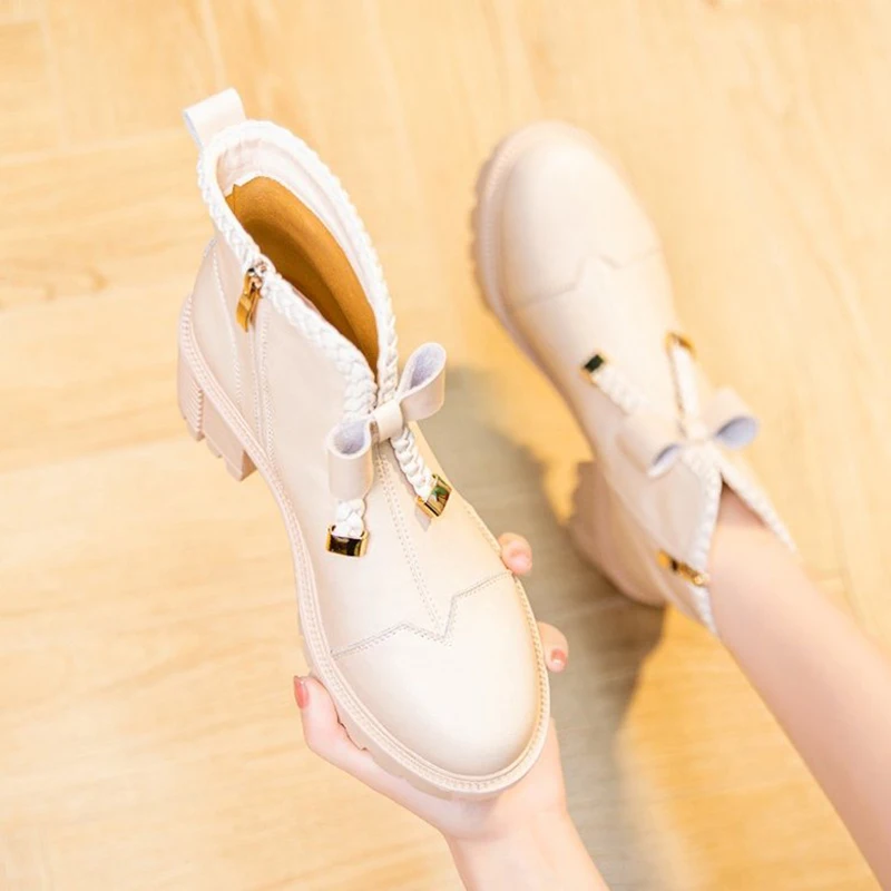 Ankle Boots Women Simple Bow High Heel Beige Modern Boots 2022 Spring Autumn Designer Ladies Luxury Single Boots Botas de mujer