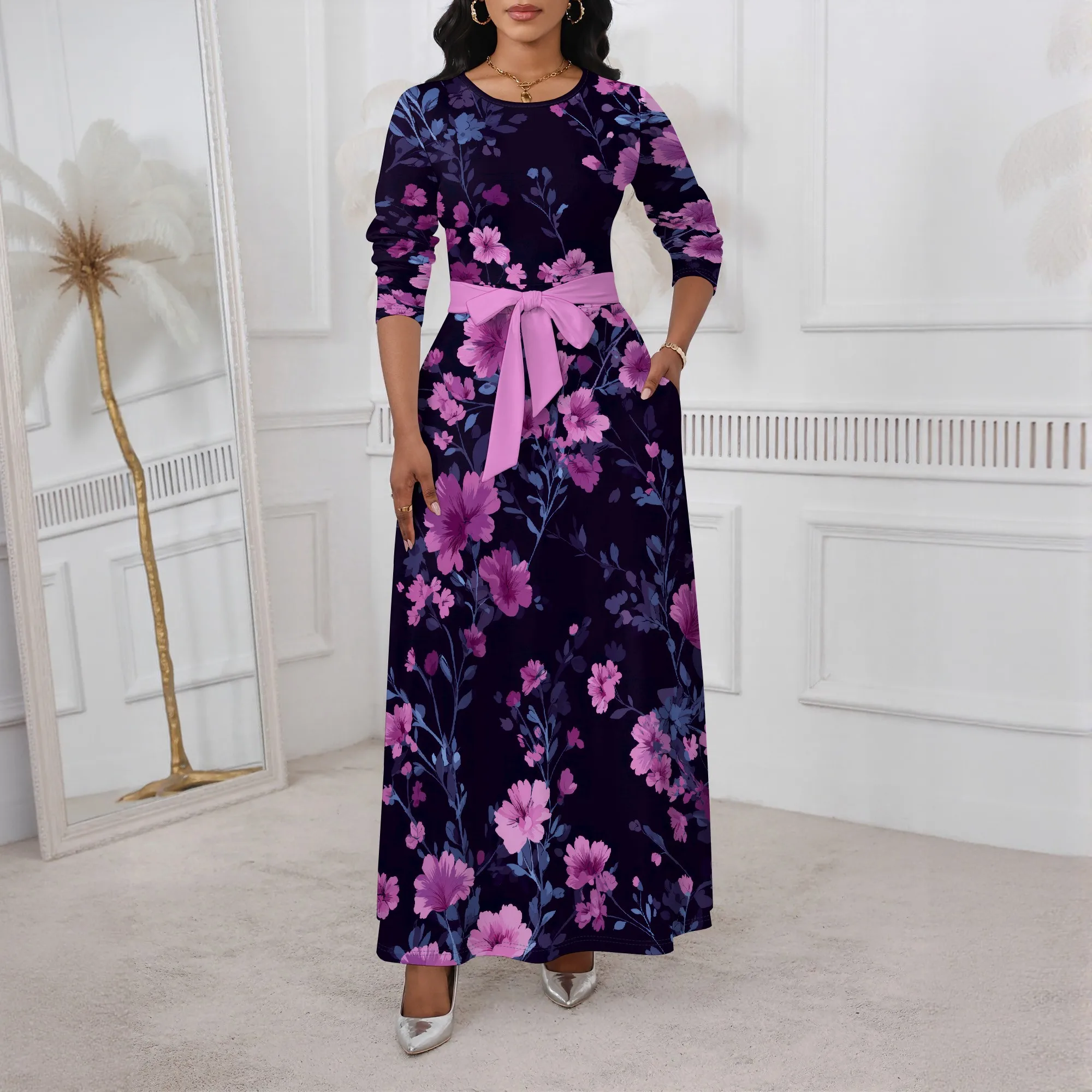 

SheFirstStyle Nupusa Women's Long Sleeve Floral Maxi Dress with Belt, Boho Black Print Elegant Fall Outfit
