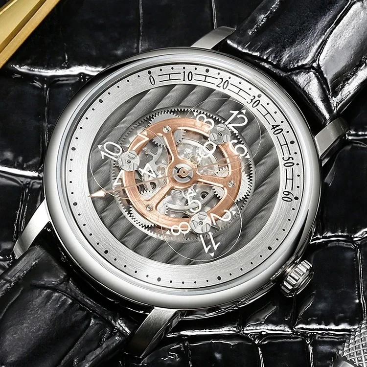 الموضة الكلاسيكية تجول ساعات معقد ثلاثة القرص عرض الوقت الزجاج المعدني اليابان 8215 حركة ساعة ميكانيكية للرجال